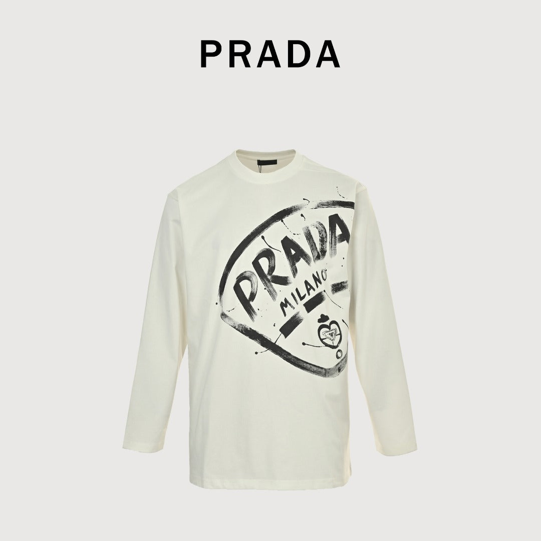 Prada 25FW Oversized Ink-Splash Logo Print Long-Sleeve T-Shirt – White