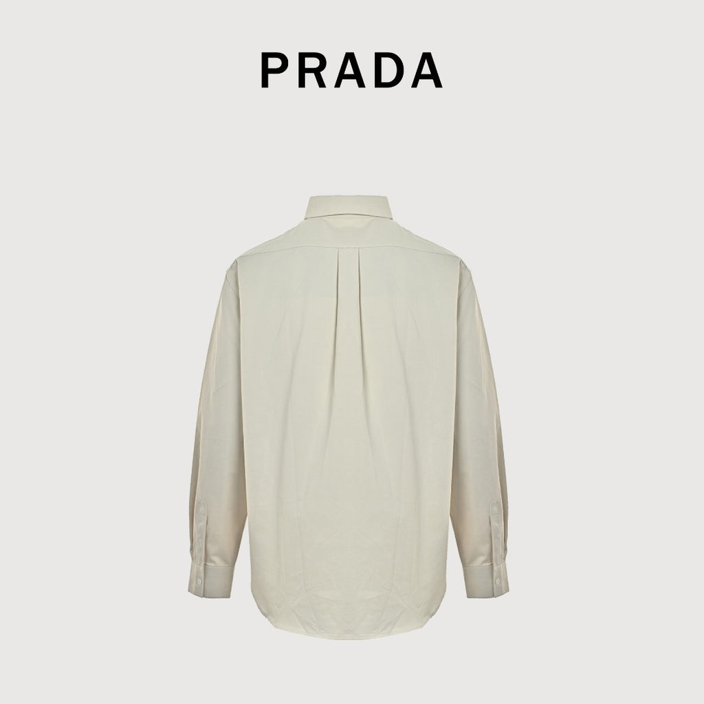 Prada PRD Embroidered Badge Long-Sleeve Oxford Shirt – Stone