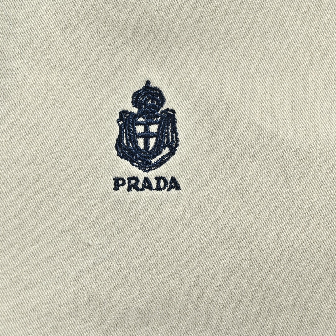Prada PRD Embroidered Badge Long-Sleeve Oxford Shirt – Stone