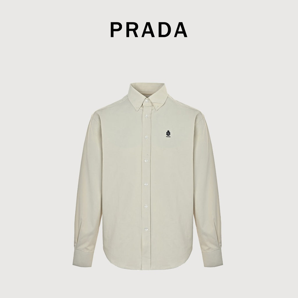 Prada PRD Embroidered Badge Long-Sleeve Oxford Shirt – Stone