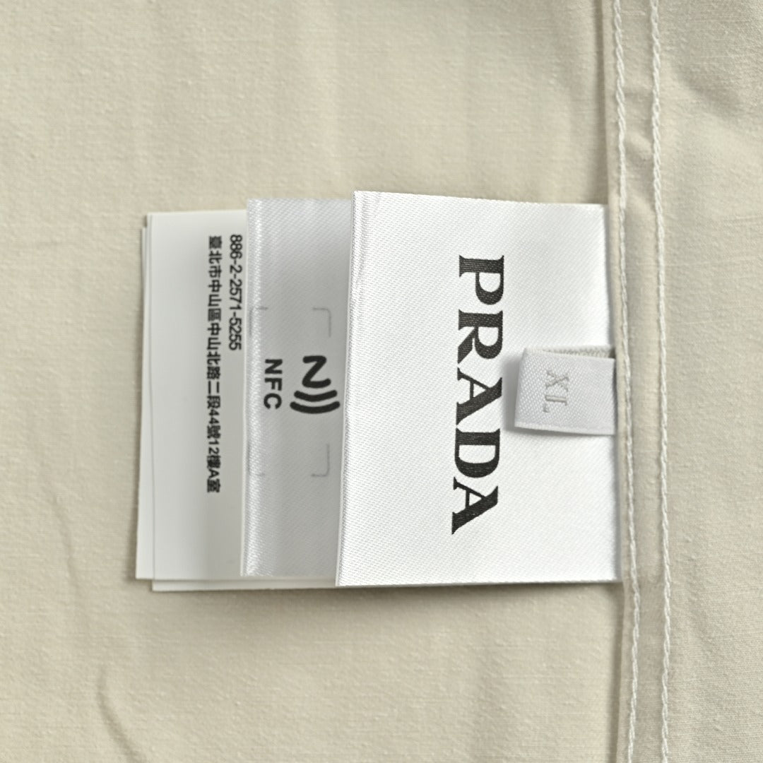 Prada PRD Embroidered Badge Long-Sleeve Oxford Shirt – Stone