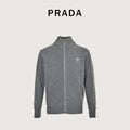 Prada 23FW Embroidered Chest Logo Full-Zip Knit Sweater – Grey