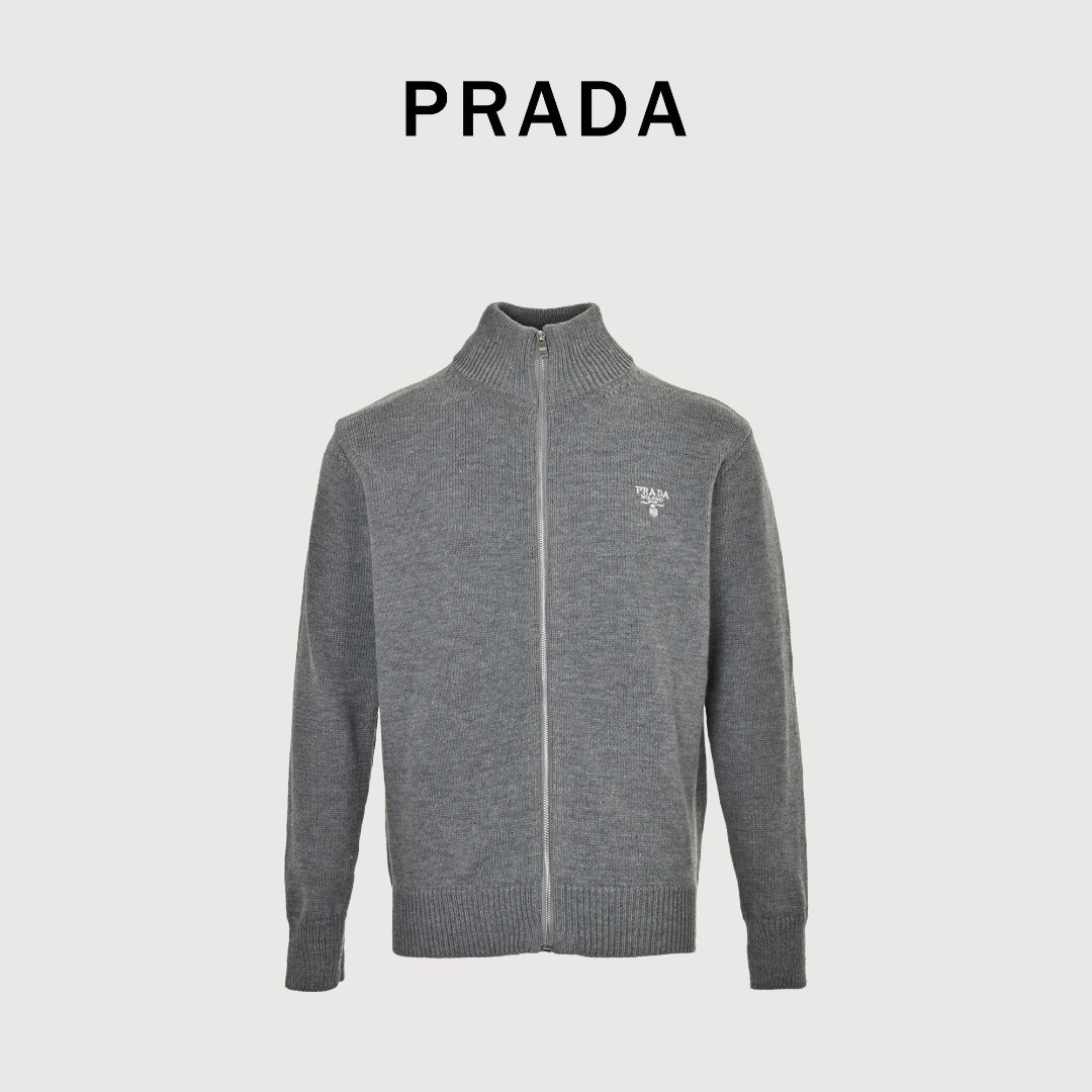 Prada 23FW Embroidered Chest Logo Full-Zip Knit Sweater – Grey