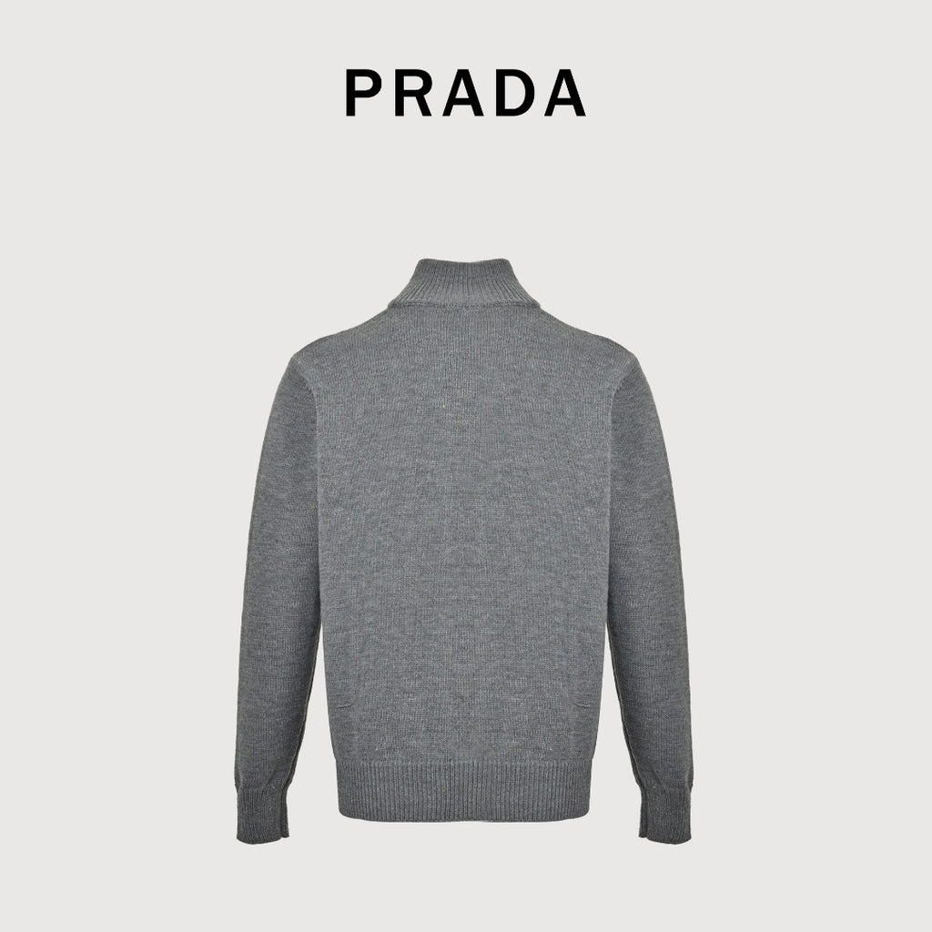 Prada 23FW Embroidered Chest Logo Full-Zip Knit Sweater – Grey