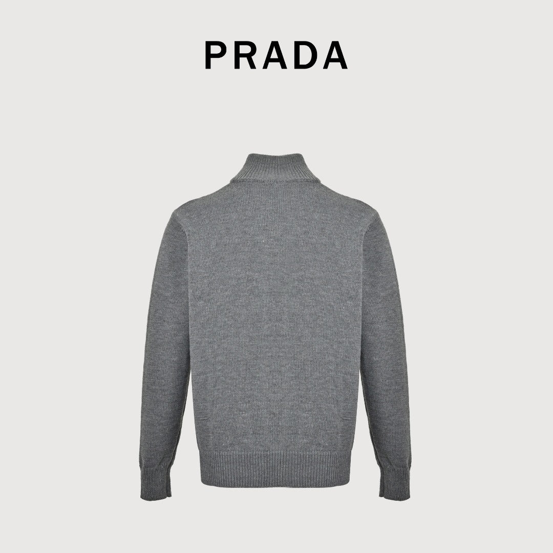 Prada 23FW Embroidered Chest Logo Full-Zip Knit Sweater – Grey