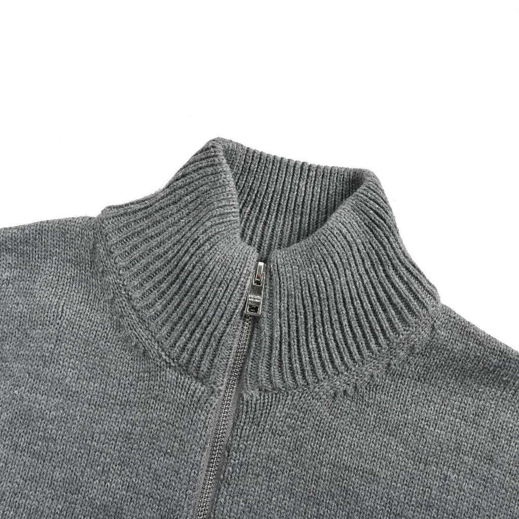 Prada 23FW Embroidered Chest Logo Full-Zip Knit Sweater – Grey