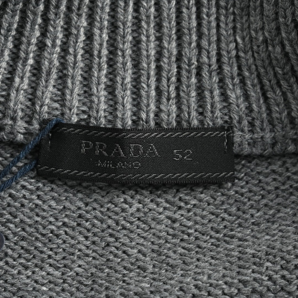 Prada 23FW Embroidered Chest Logo Full-Zip Knit Sweater – Grey