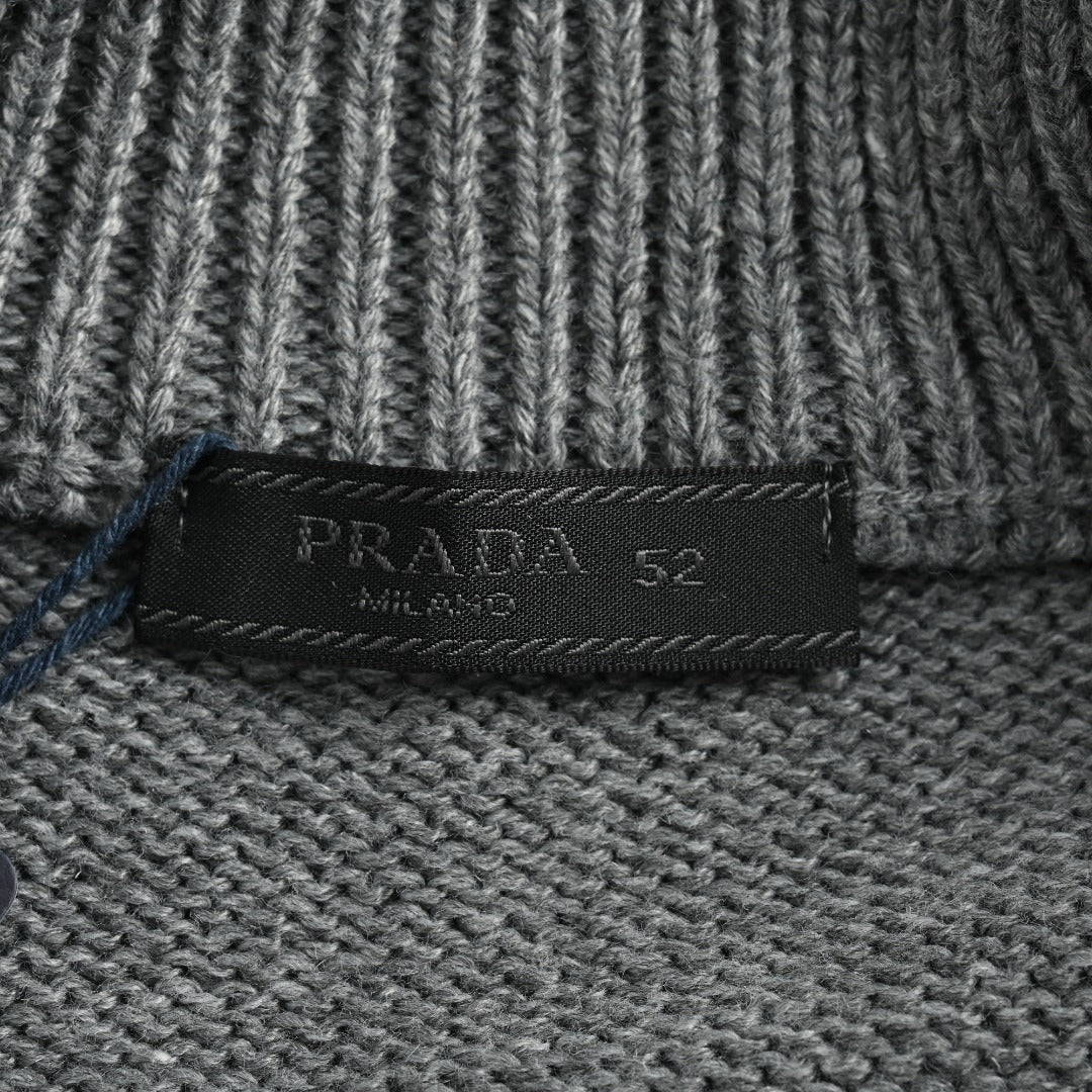 Prada 23FW Embroidered Chest Logo Full-Zip Knit Sweater – Grey