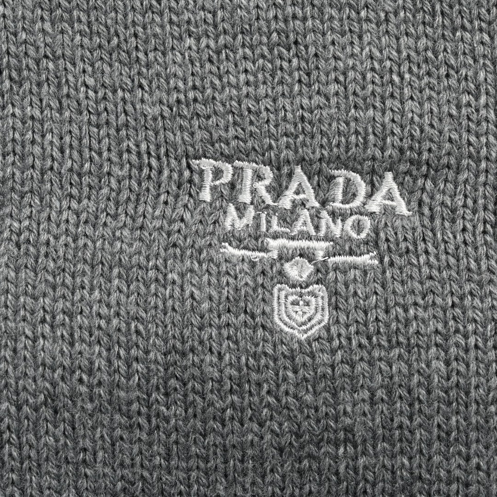 Prada 23FW Embroidered Chest Logo Full-Zip Knit Sweater – Grey