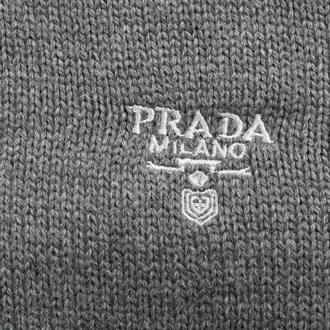 Prada 23FW Embroidered Chest Logo Full-Zip Knit Sweater – Grey