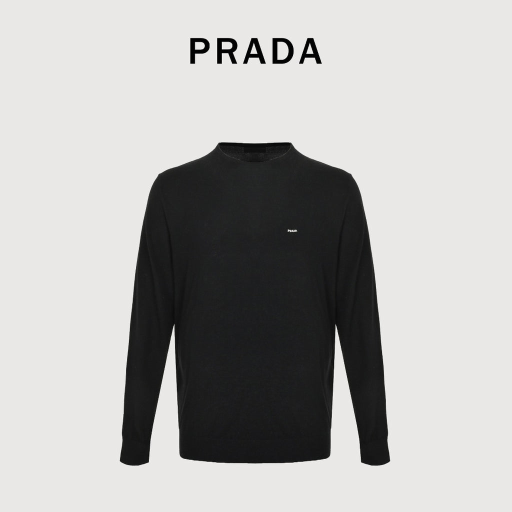 Prada PRD Small Wordmark Fine-Knit Wool Crewneck Sweater – Black