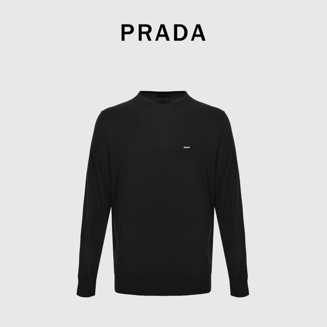 Prada PRD Small Wordmark Fine-Knit Wool Crewneck Sweater – Black