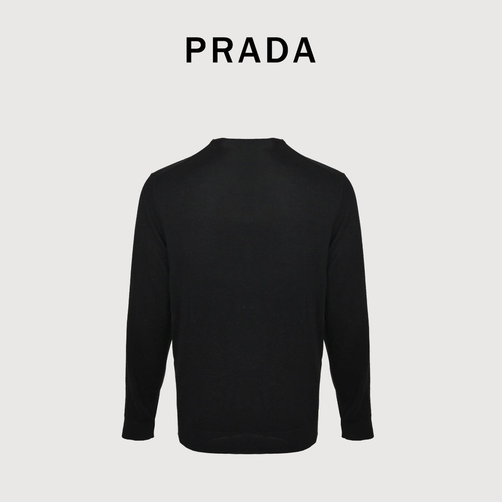 Prada PRD Small Wordmark Fine-Knit Wool Crewneck Sweater – Black