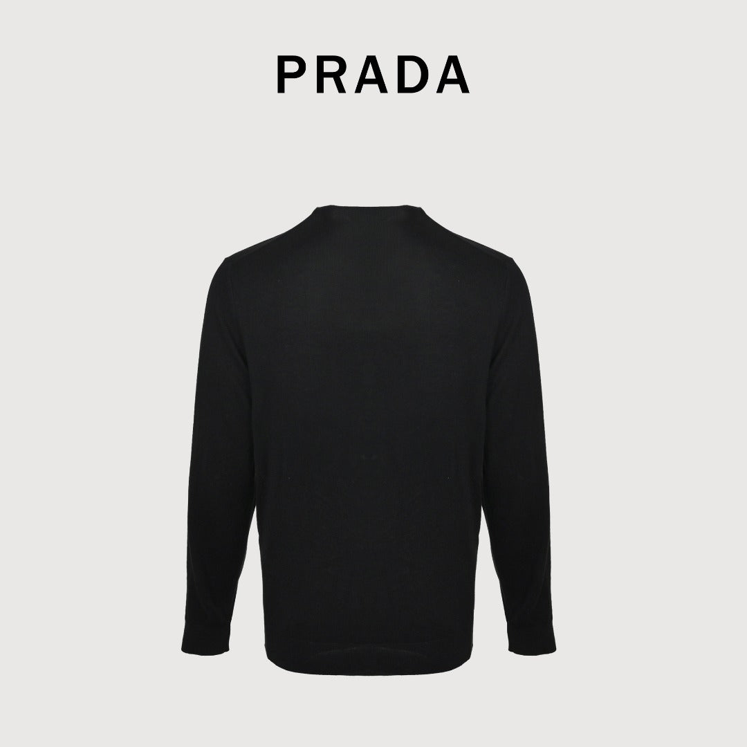 Prada PRD Small Wordmark Fine-Knit Wool Crewneck Sweater – Black