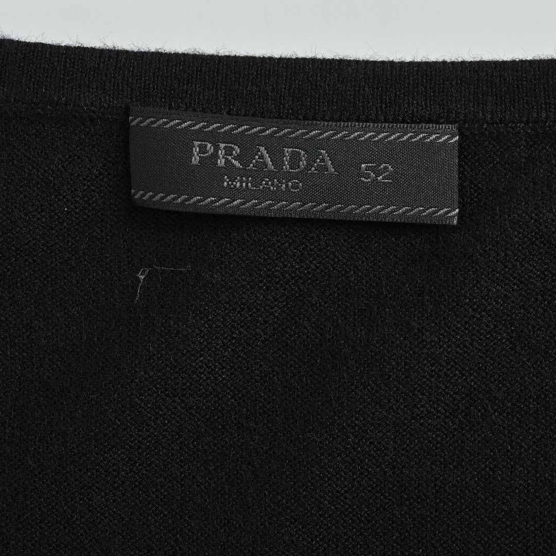 Prada PRD Small Wordmark Fine-Knit Wool Crewneck Sweater – Black
