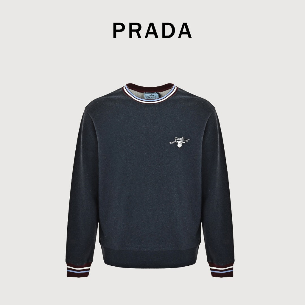 Prada PRD Small Logo Stripe-Trim Crewneck Sweatshirt – Black