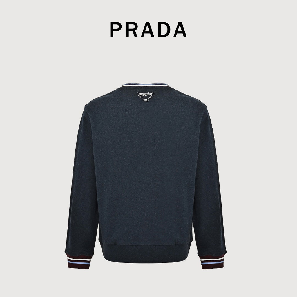 Prada PRD Small Logo Stripe-Trim Crewneck Sweatshirt – Black