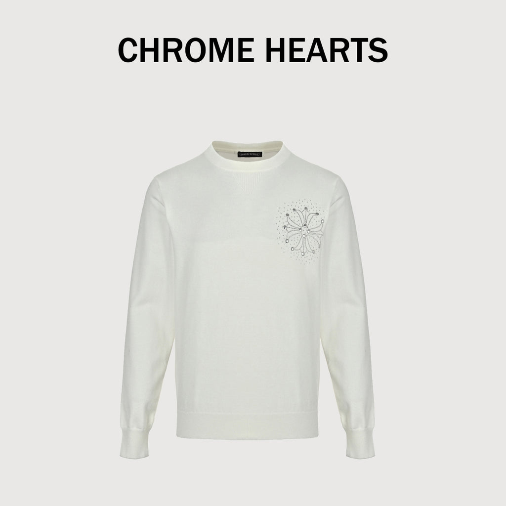 Chrome Hearts Crystal-Embellished Logo Knit Crewneck Sweatshirt – White