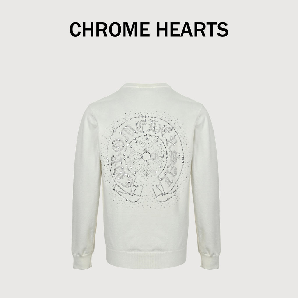 Chrome Hearts Crystal-Embellished Logo Knit Crewneck Sweatshirt – White