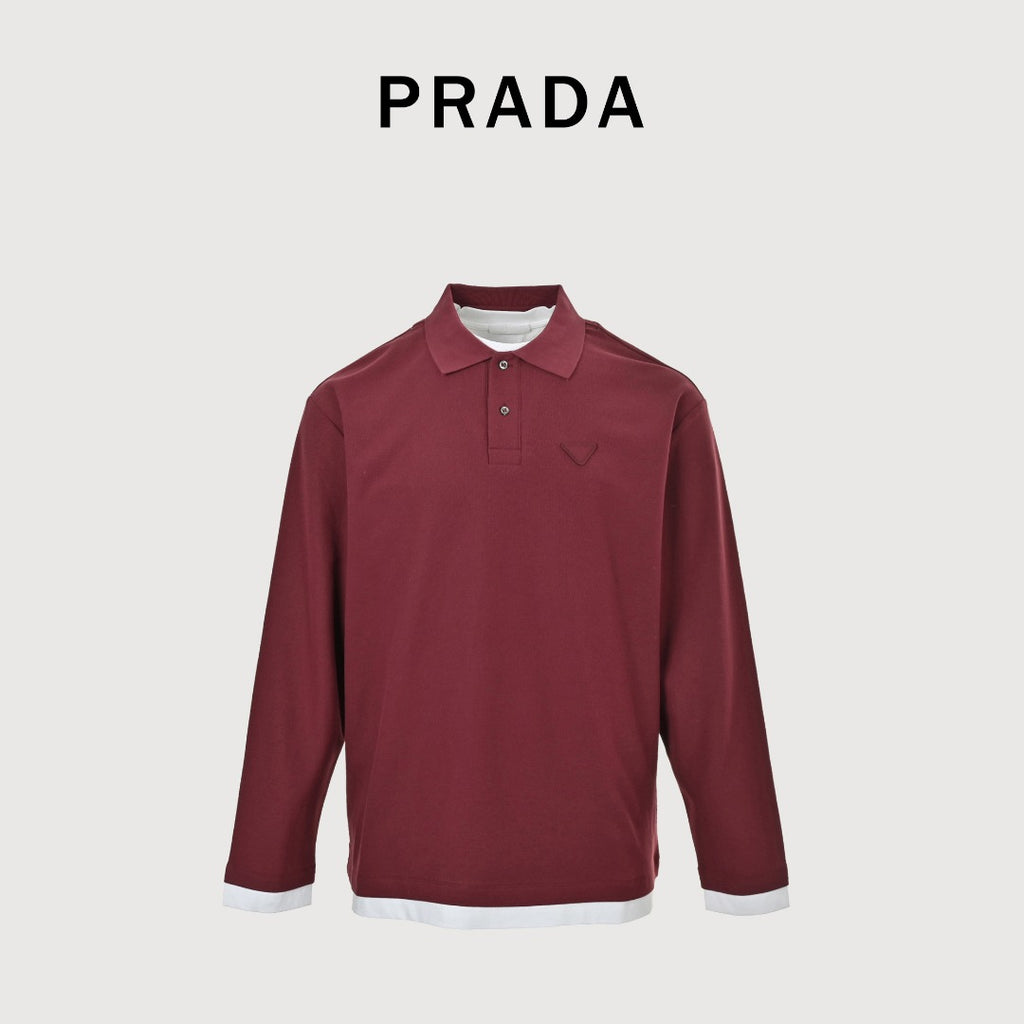 Prada PRD Patchwork Label Faux Two-Piece Long Sleeve Polo Shirt – Burgundy