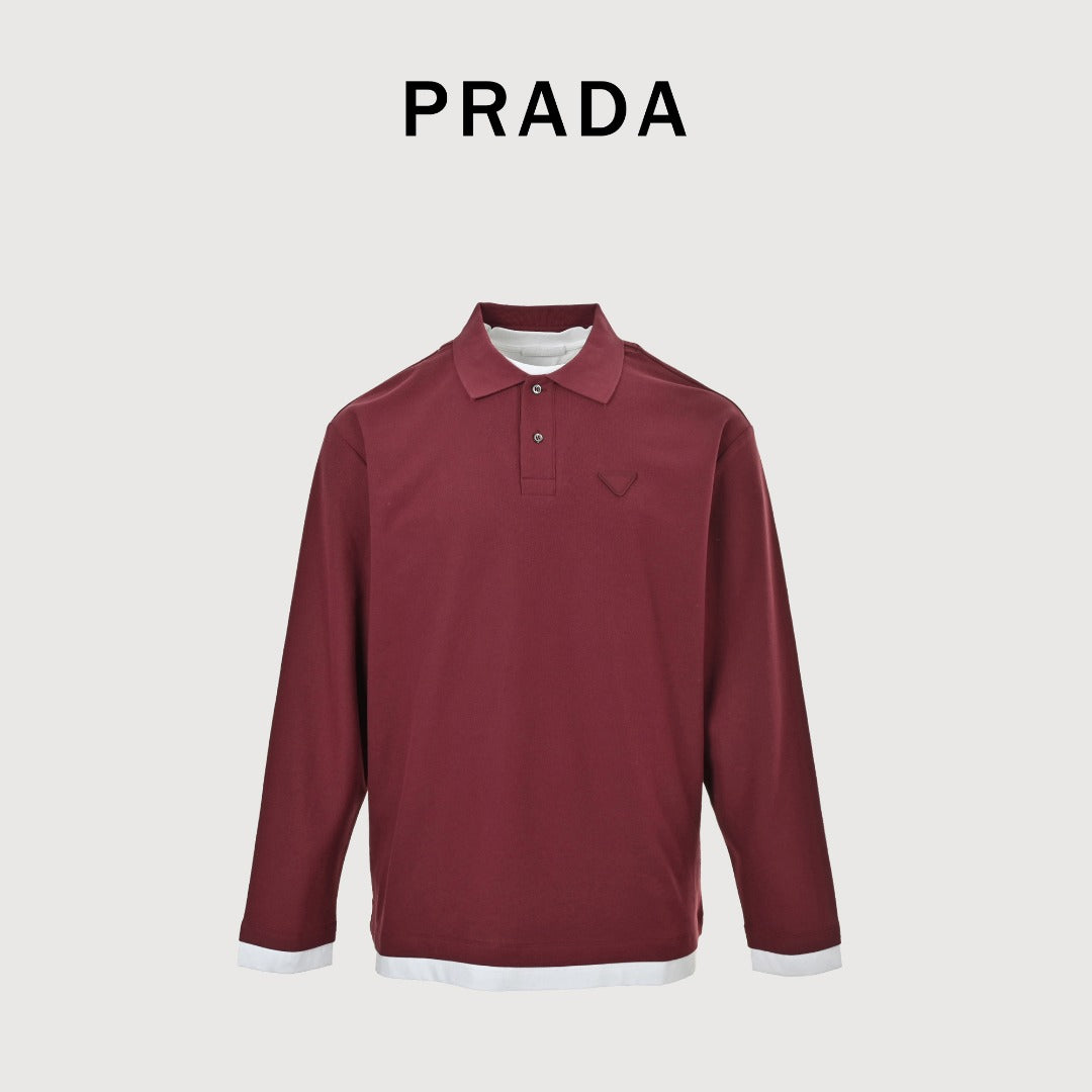 Prada PRD Patchwork Label Faux Two-Piece Long Sleeve Polo Shirt – Burgundy