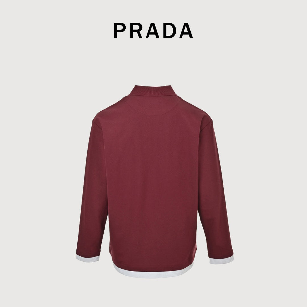 Prada PRD Patchwork Label Faux Two-Piece Long Sleeve Polo Shirt – Burgundy