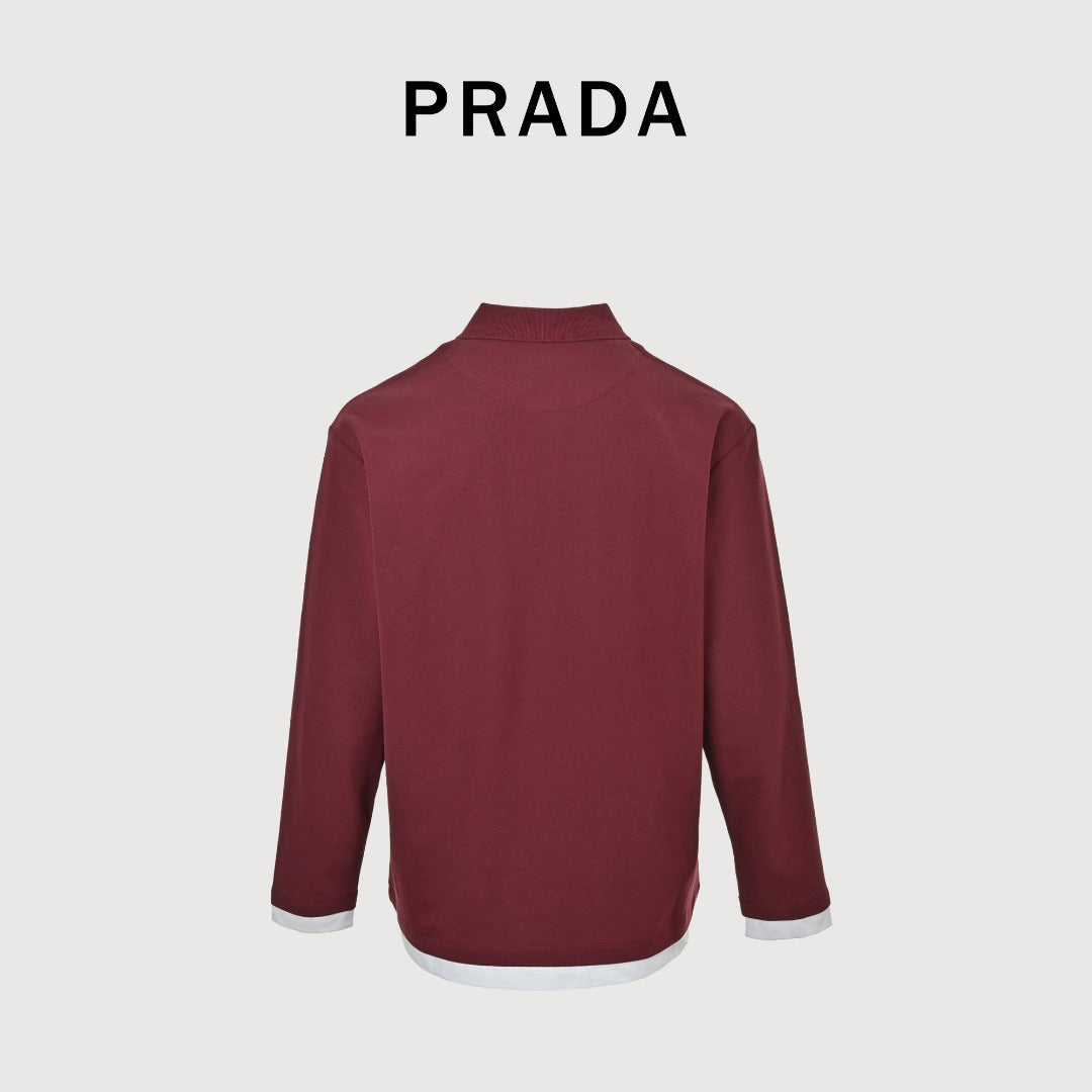 Prada PRD Patchwork Label Faux Two-Piece Long Sleeve Polo Shirt – Burgundy