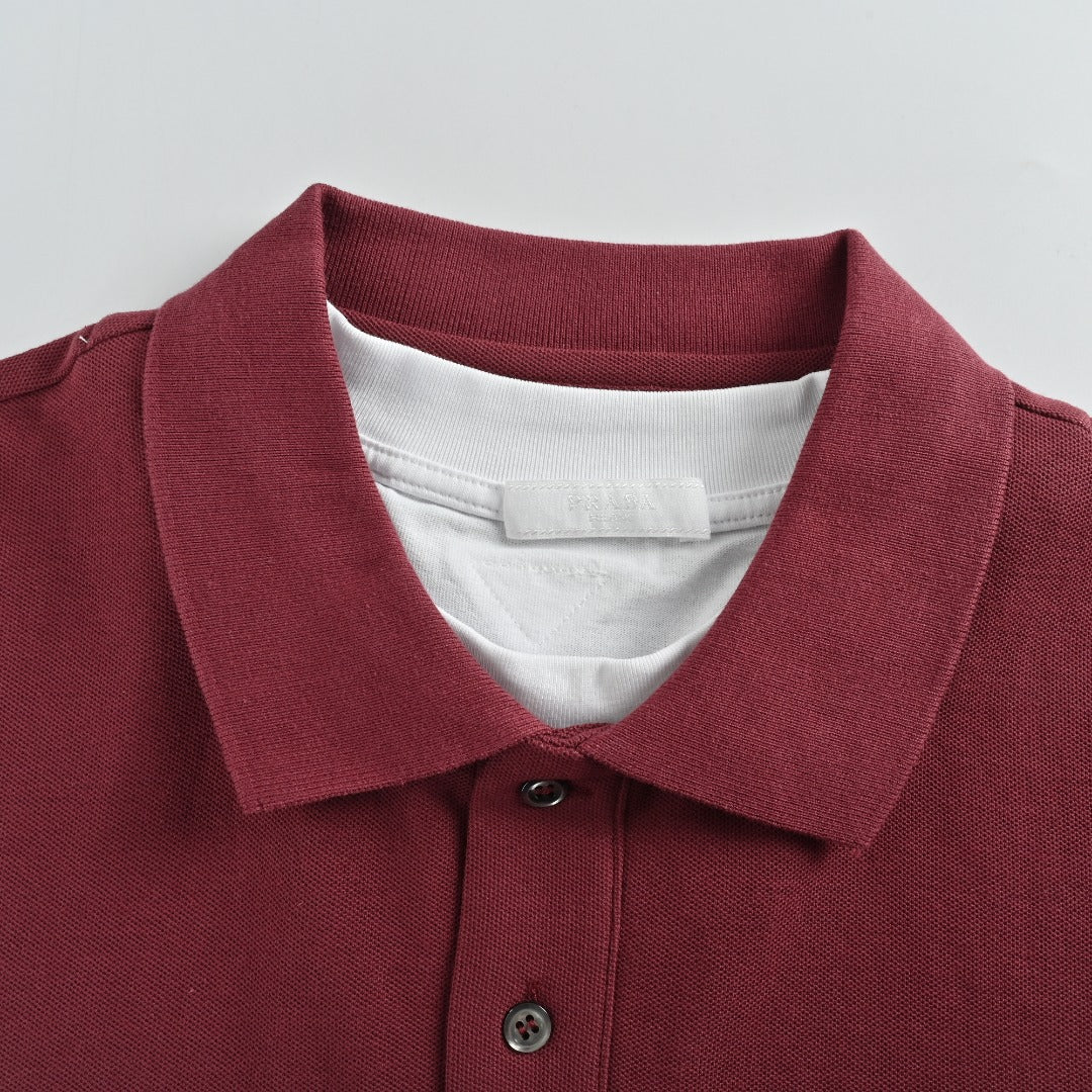 Prada PRD Patchwork Label Faux Two-Piece Long Sleeve Polo Shirt – Burgundy