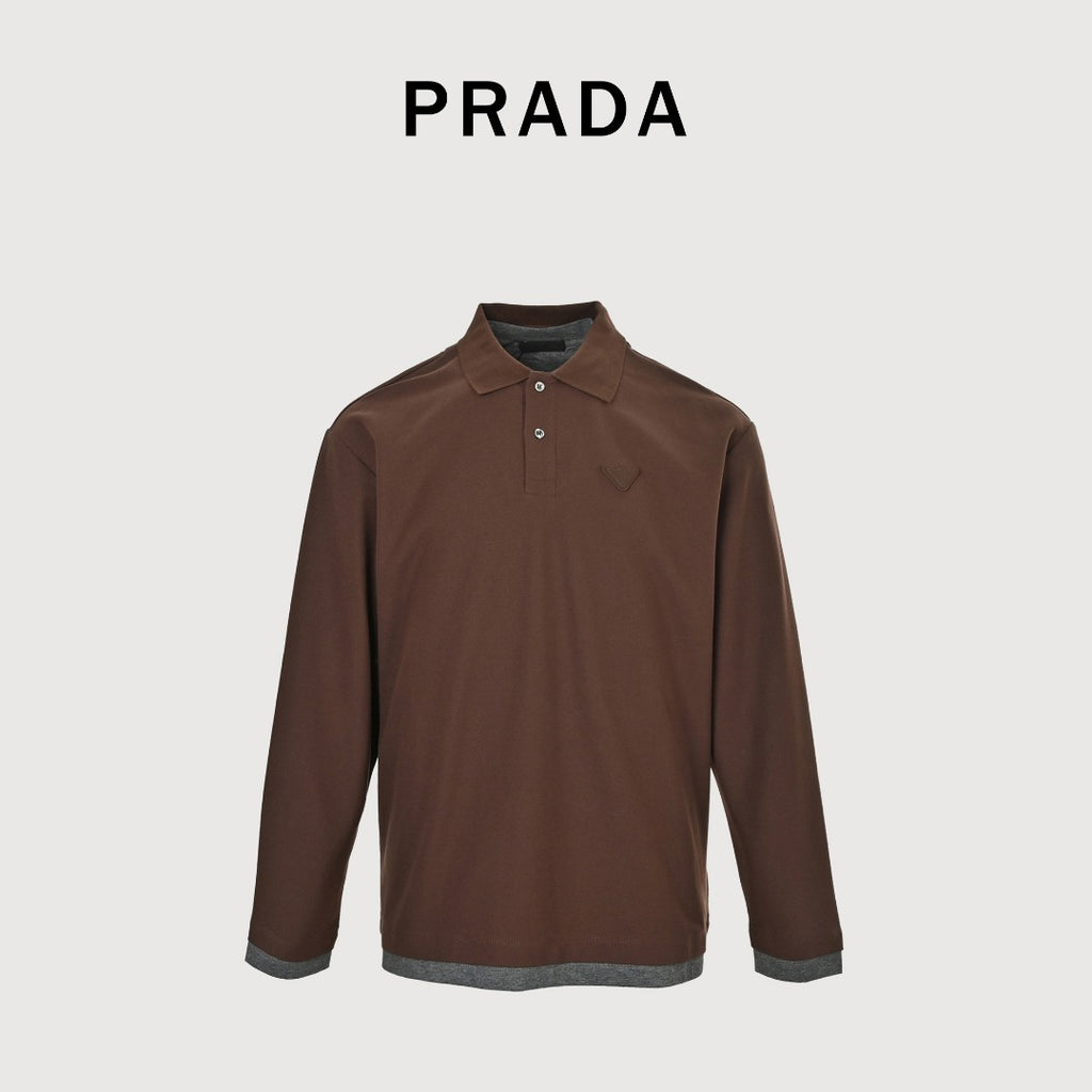 Prada PRD Patchwork Label Faux Two-Piece Long Sleeve Polo Shirt – Brown