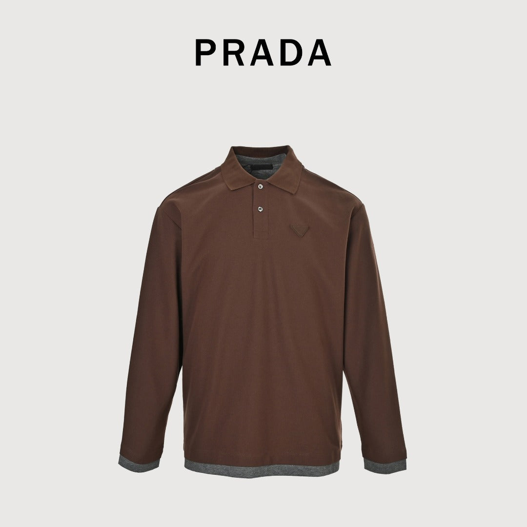 Prada PRD Patchwork Label Faux Two-Piece Long Sleeve Polo Shirt – Brown