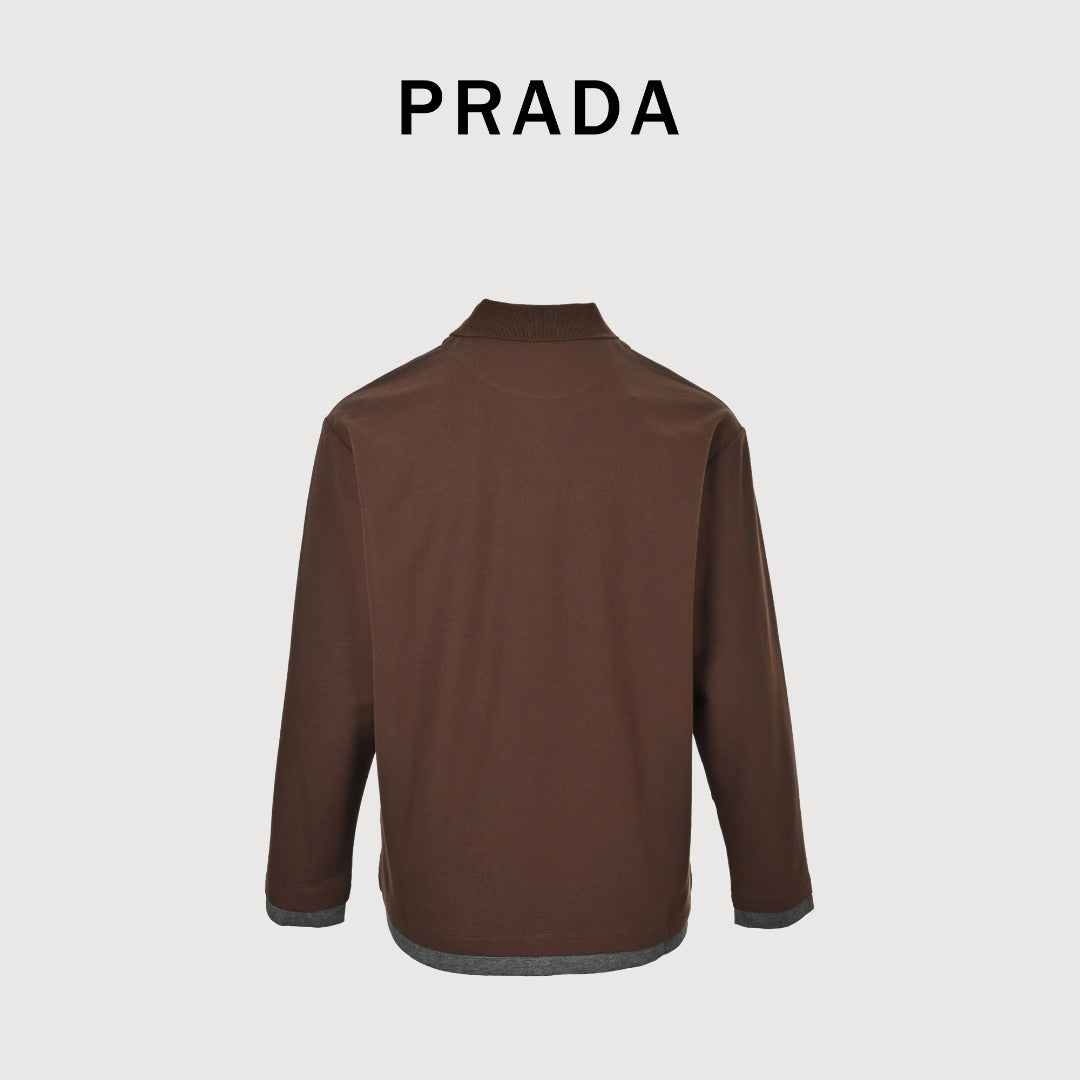 Prada PRD Patchwork Label Faux Two-Piece Long Sleeve Polo Shirt – Brown