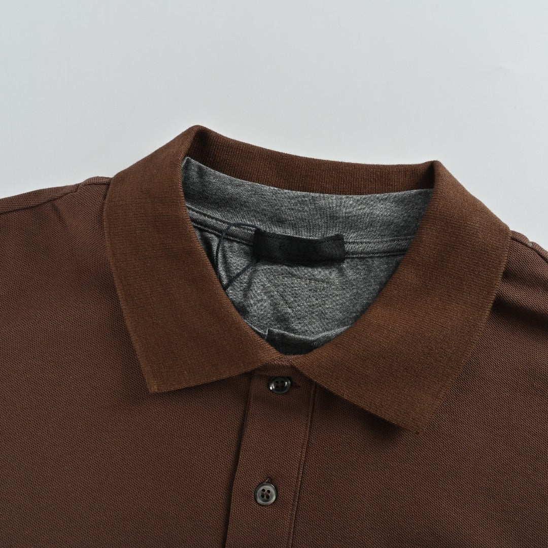 Prada PRD Patchwork Label Faux Two-Piece Long Sleeve Polo Shirt – Brown