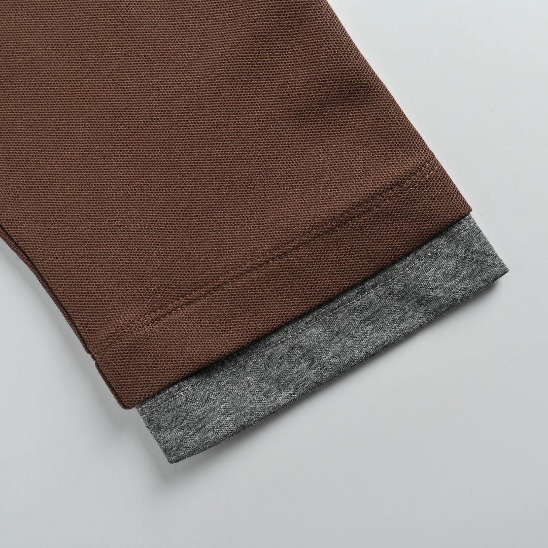 Prada PRD Patchwork Label Faux Two-Piece Long Sleeve Polo Shirt – Brown