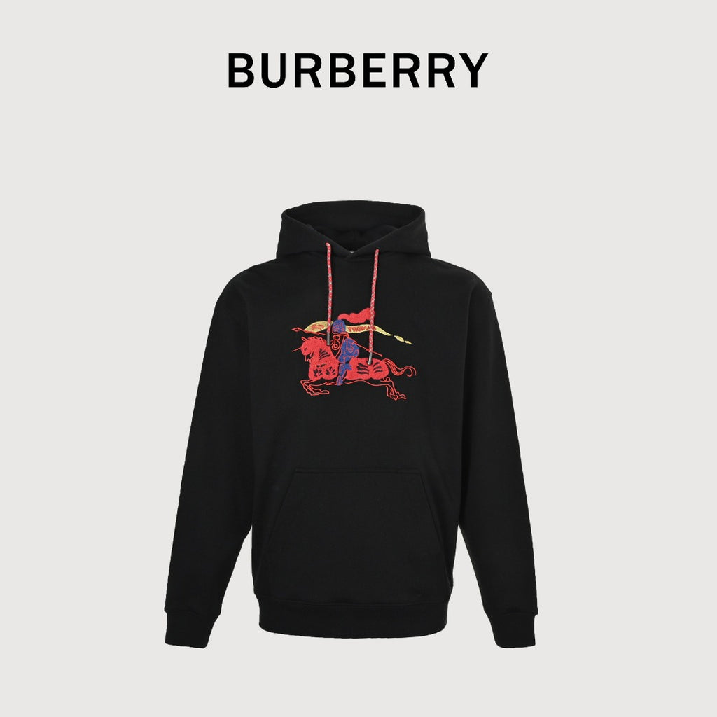 Burberry BBR Lunar New Year Flocked Embroidered Warhorse Hoodie – Black
