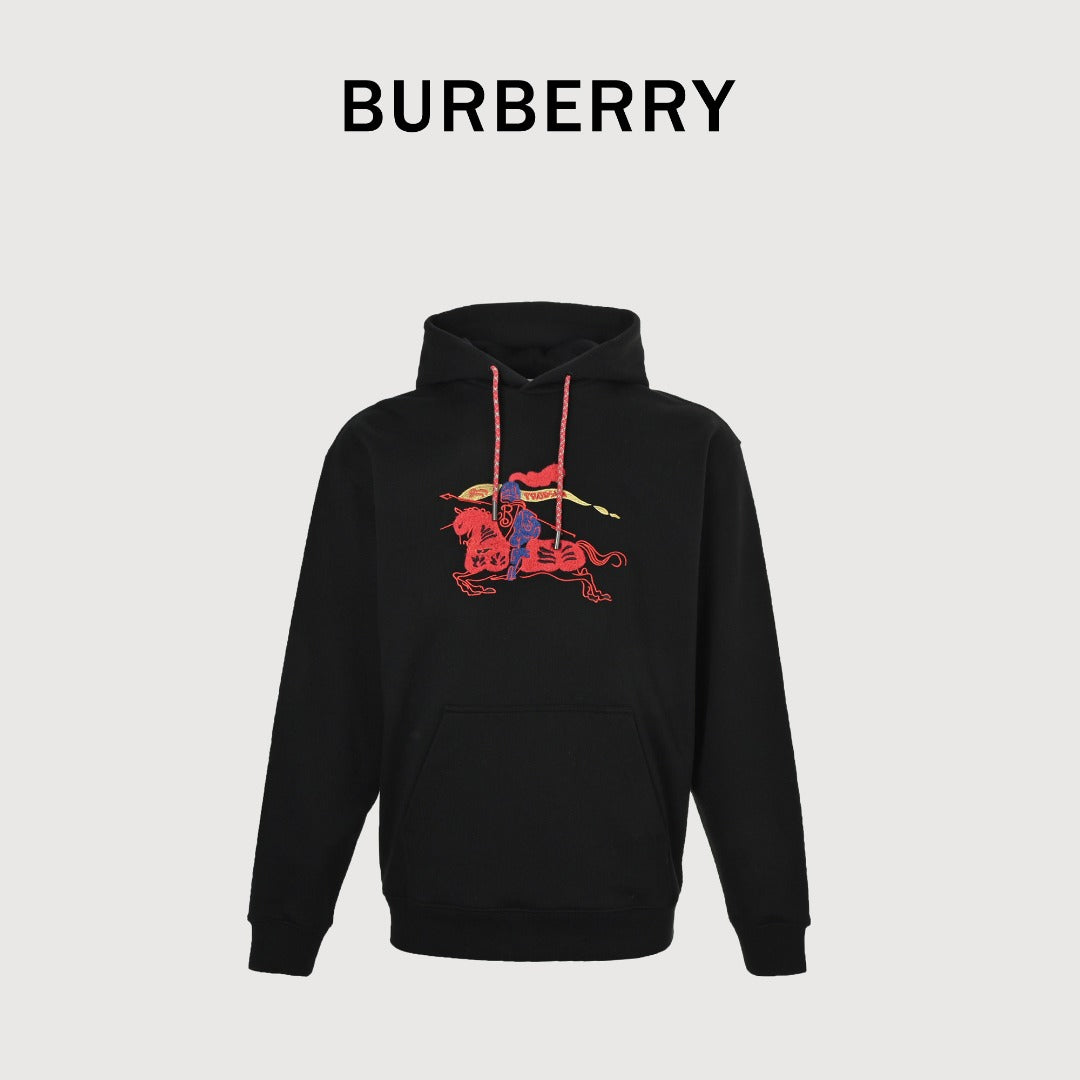 Burberry BBR Lunar New Year Flocked Embroidered Warhorse Hoodie – Black