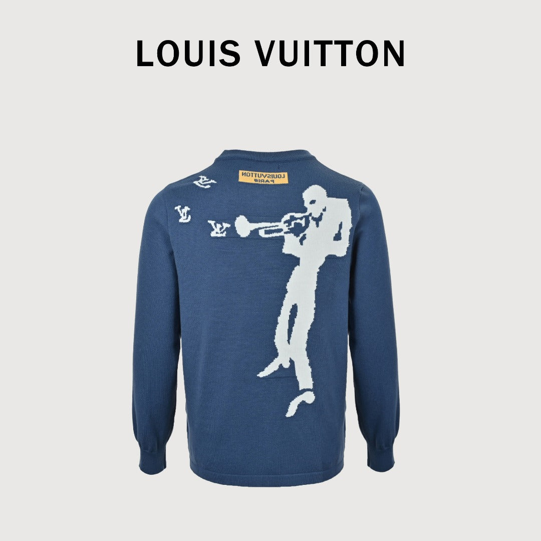 Louis Vuitton LV Cloud Jazz Trumpet Silhouette Jacquard Crewneck Sweater – Navy