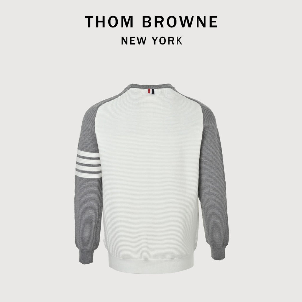 Thom Browne 4-Bar Stripe Colorblock Varsity Crewneck Sweater – Grey/White