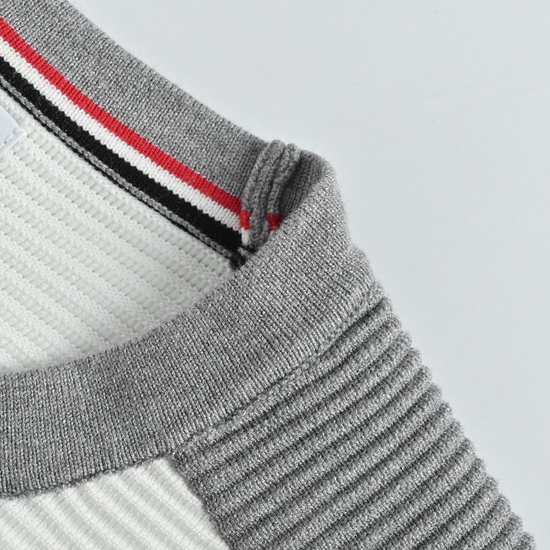 Thom Browne 4-Bar Stripe Colorblock Varsity Crewneck Sweater – Grey/White