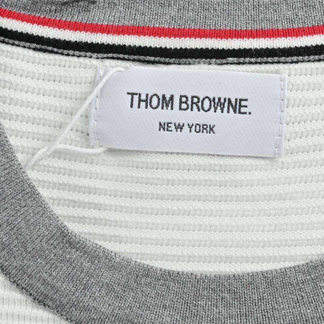 Thom Browne 4-Bar Stripe Colorblock Varsity Crewneck Sweater – Grey/White
