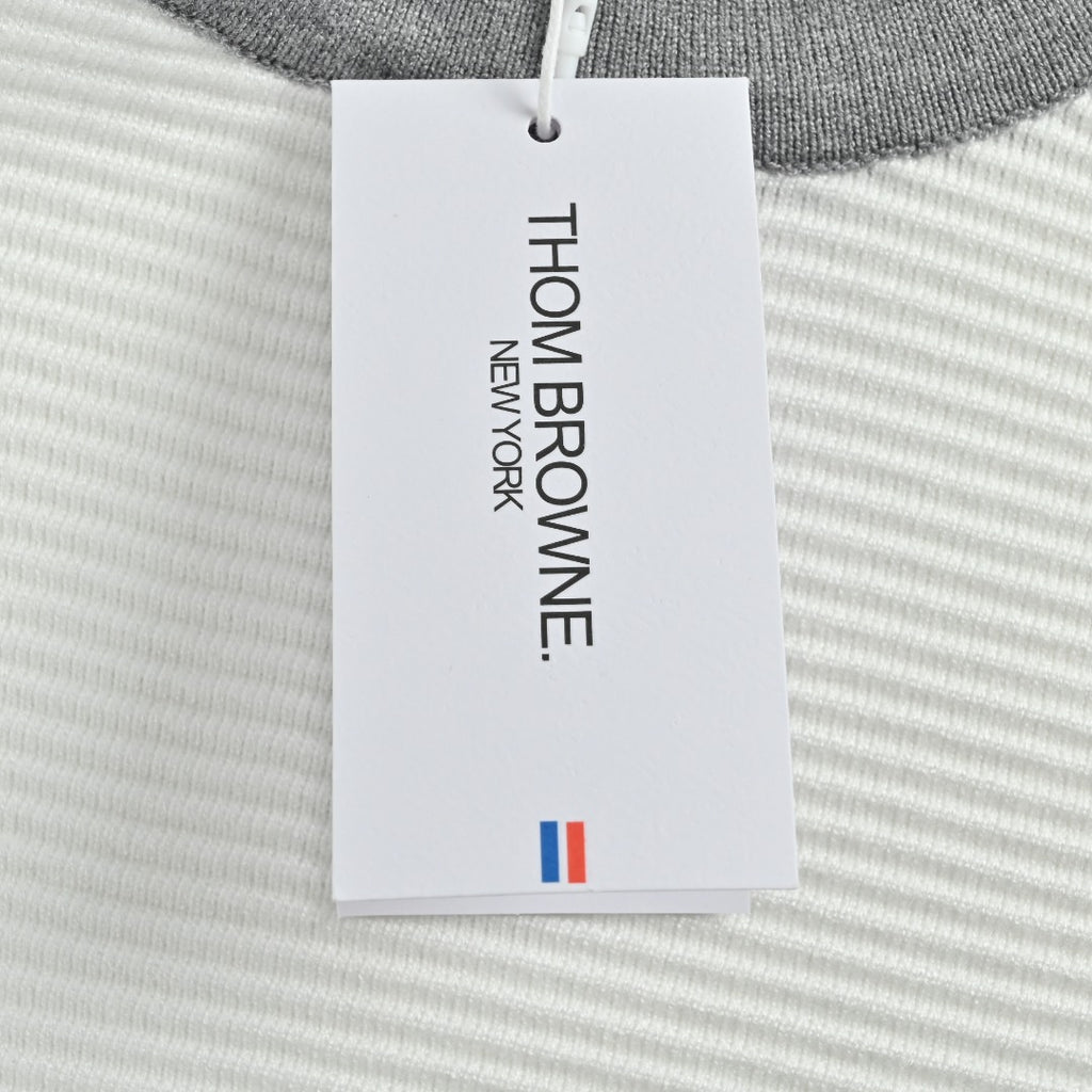 Thom Browne 4-Bar Stripe Colorblock Varsity Crewneck Sweater – Grey/White