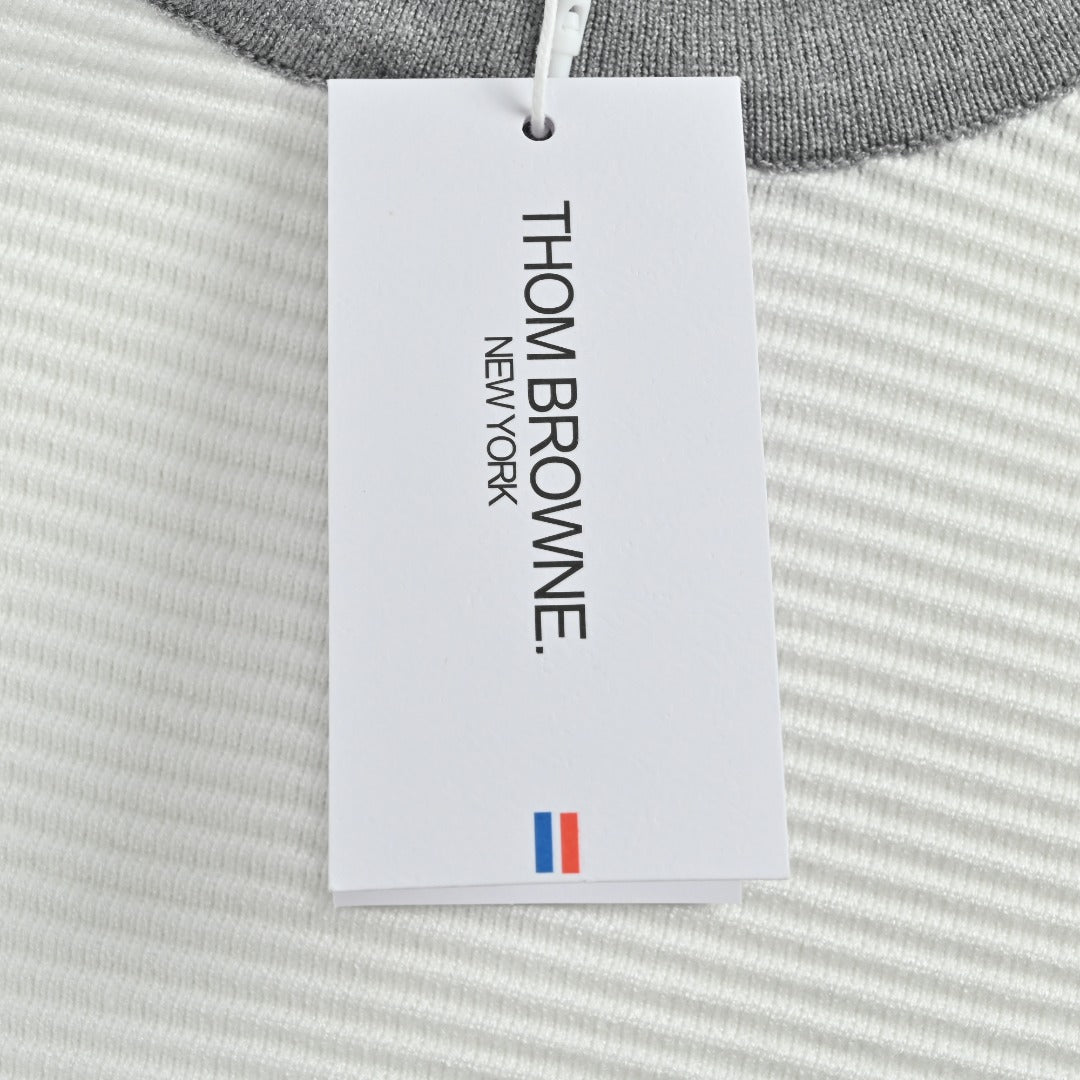 Thom Browne 4-Bar Stripe Colorblock Varsity Crewneck Sweater – Grey/White