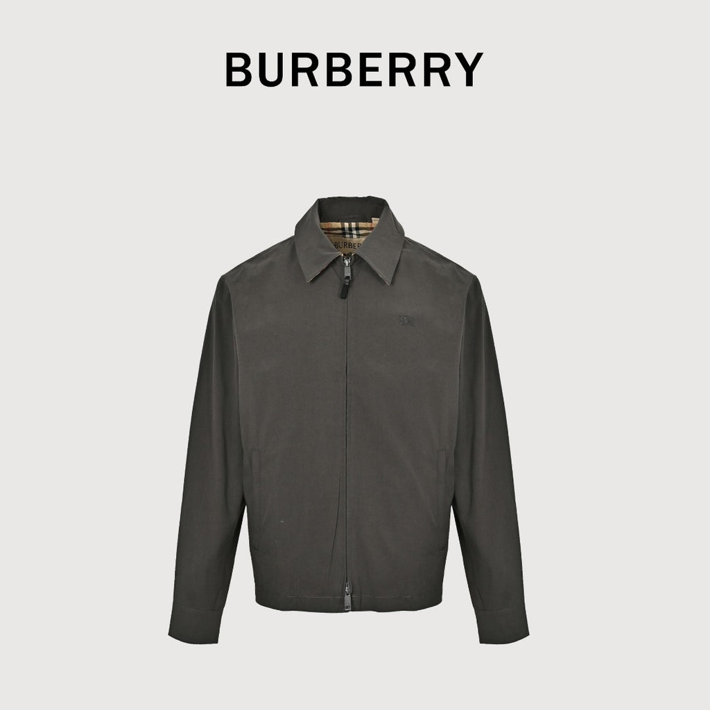 Burberry Equestrian Embroidered Check-Collar Zip Jacket – Olive