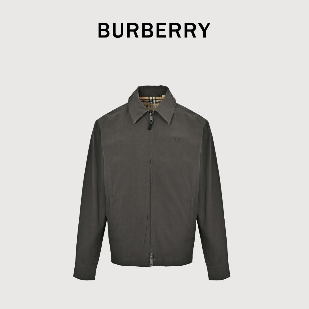 Burberry Equestrian Embroidered Check-Collar Zip Jacket – Olive