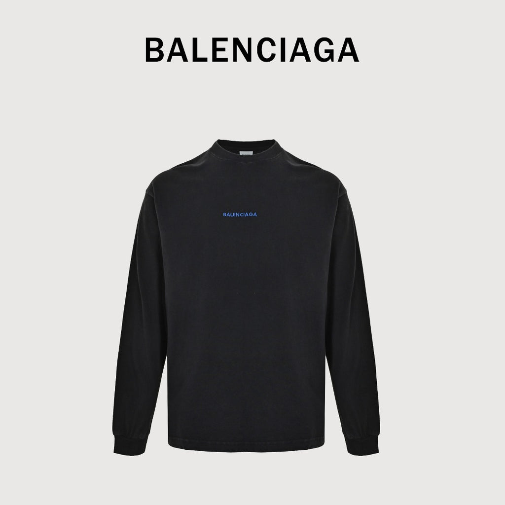 Balenciaga Blue Embroidered Logo Washed Long Sleeve T-Shirt – Black