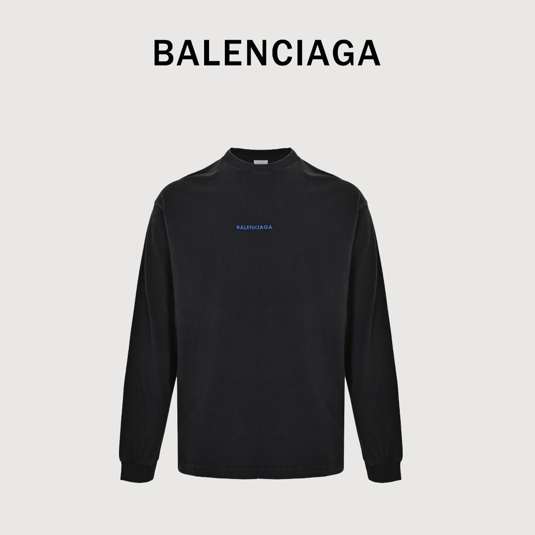 Balenciaga Blue Embroidered Logo Washed Long Sleeve T-Shirt – Black