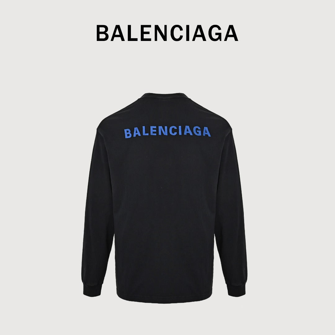 Balenciaga Blue Embroidered Logo Washed Long Sleeve T-Shirt – Black