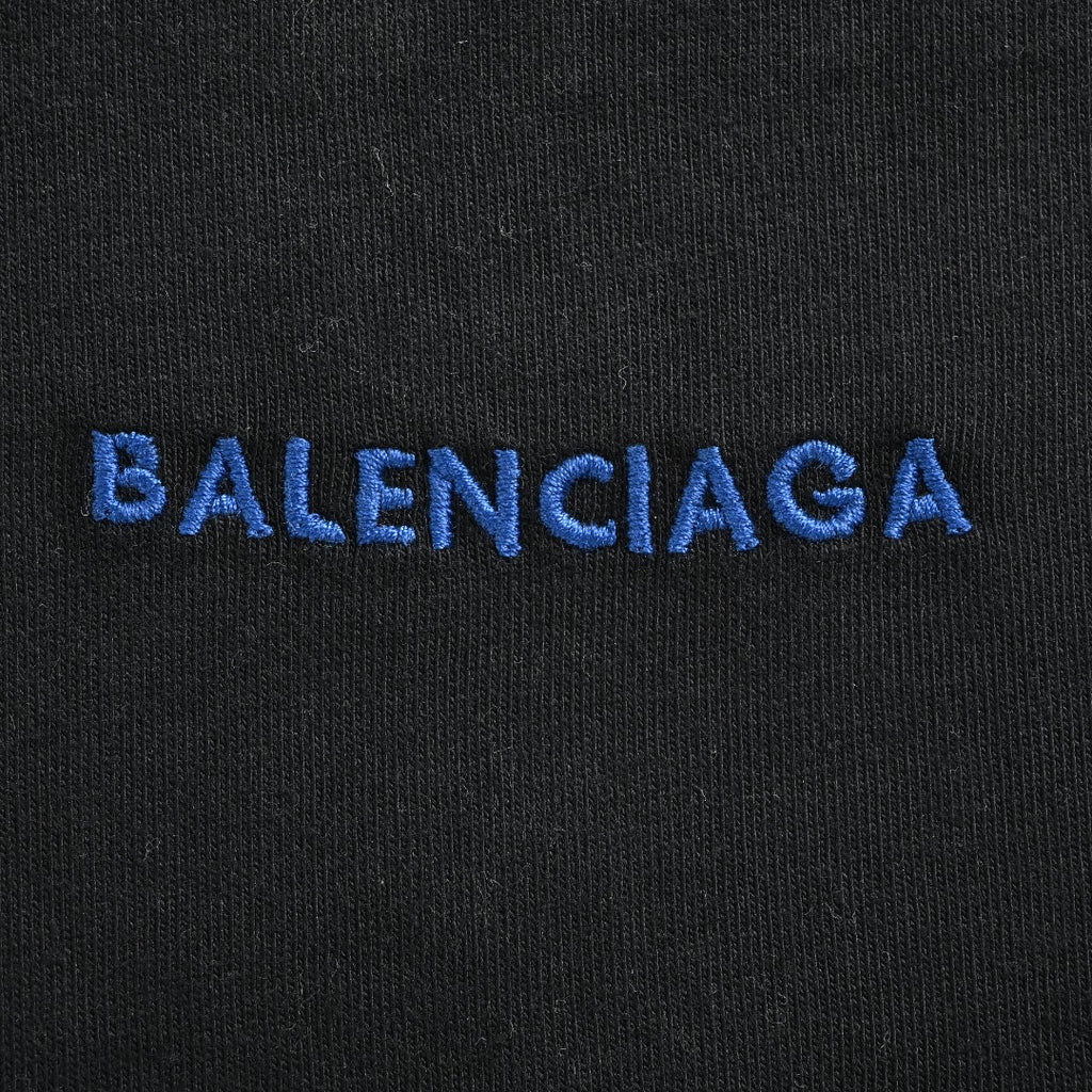 Balenciaga Blue Embroidered Logo Washed Long Sleeve T-Shirt – Black