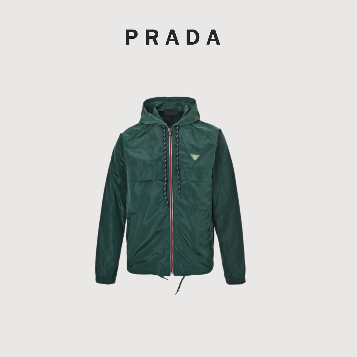 Prada 25FW Triangle Logo Contrast-Zip Recycled Nylon Hooded Jacket — Forest Green