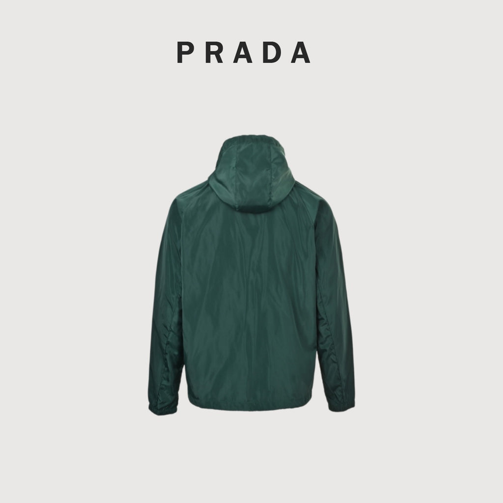 Prada 25FW Triangle Logo Contrast-Zip Recycled Nylon Hooded Jacket — Forest Green