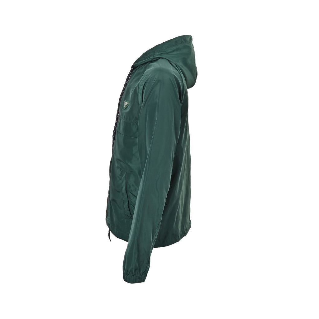 Prada 25FW Triangle Logo Contrast-Zip Recycled Nylon Hooded Jacket — Forest Green